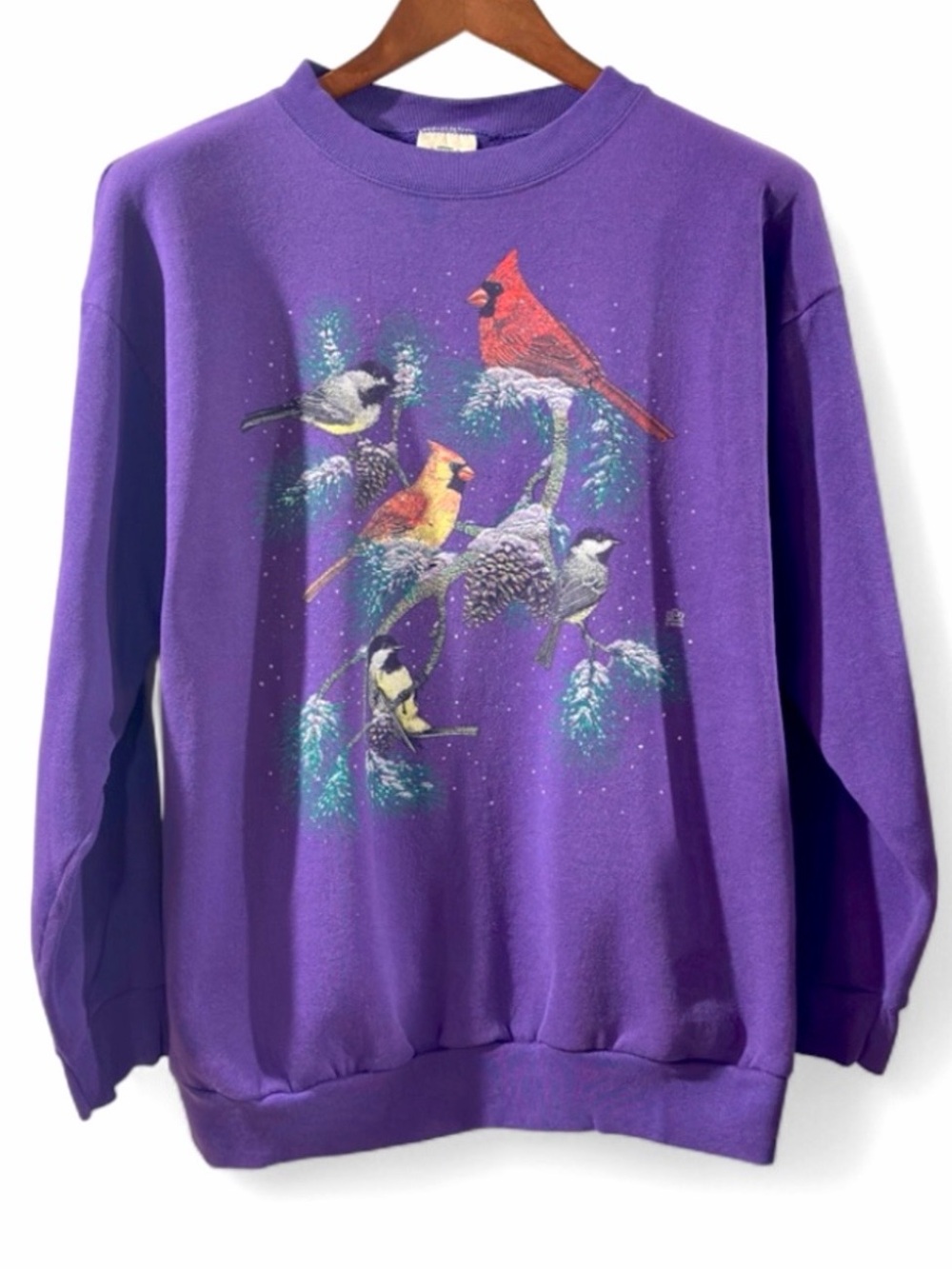 Vintage 90s Birds on Snowy Trees Purple Sweatshirt Size Men’s Large